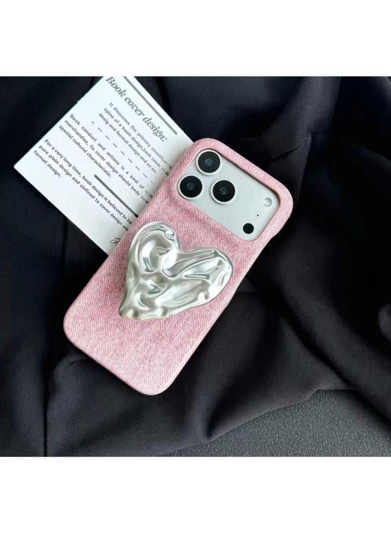 Multi Impex iPhone 17 Pro Max Advanced Pink Cowboy Pattern Wrinkled Silver Love Heart With Holder Shock Proof Phone Case - Image 1